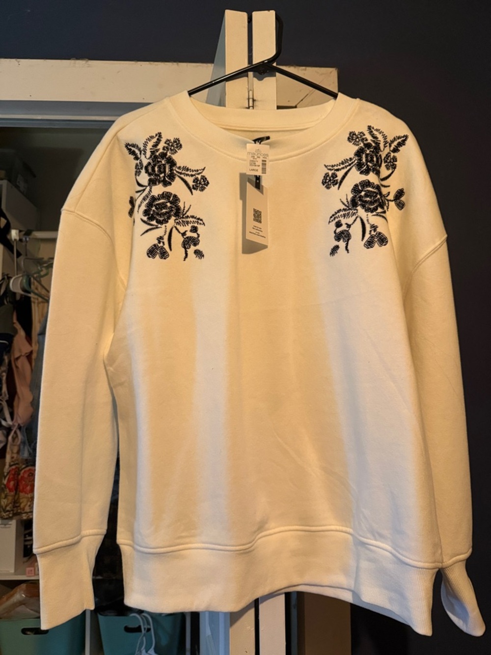 Maurices Cream Sweatshirt with Black Floral Embroidery